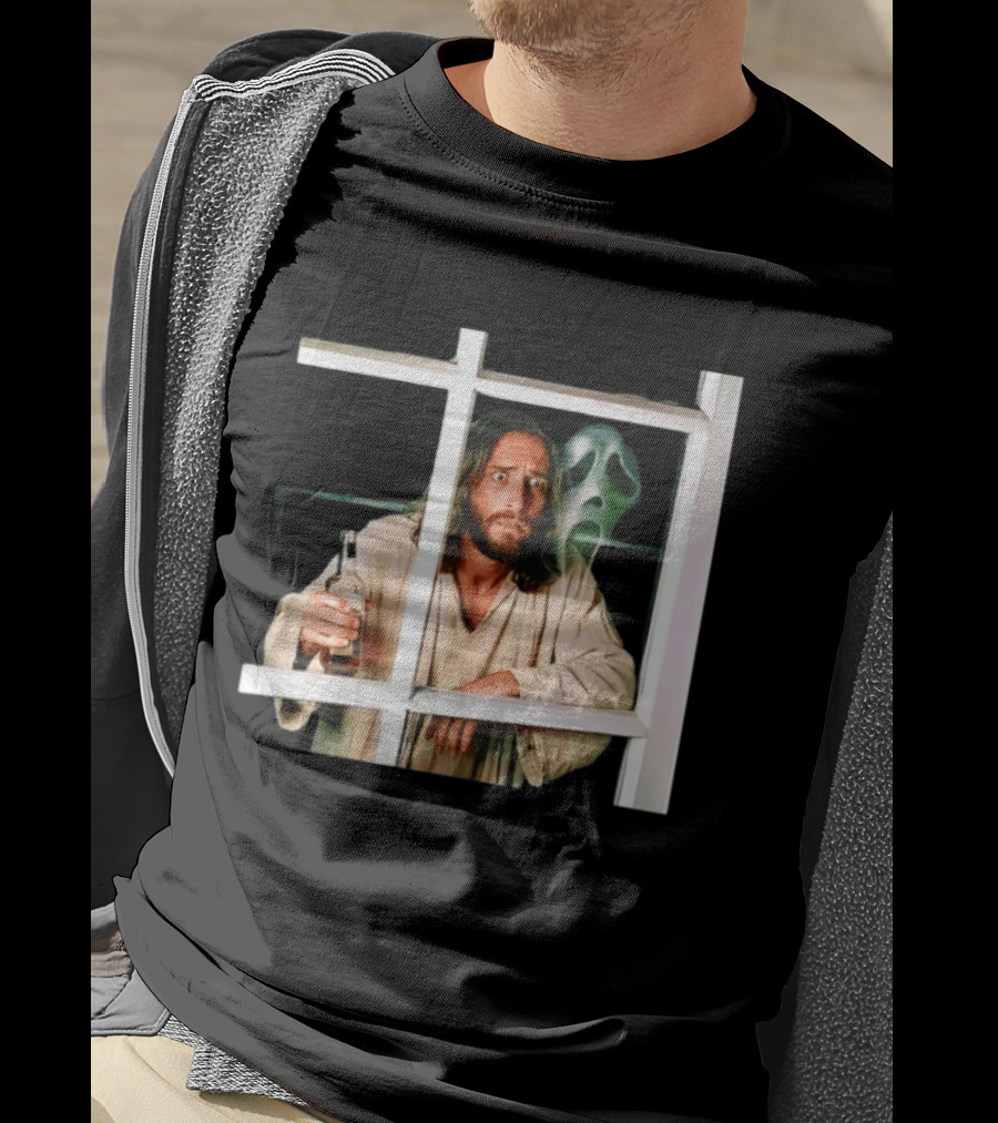 Jesus Drinking Whiskey With Ghostface Killer Behind Window T-Shirt