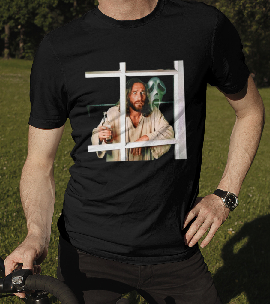 Jesus Drinking Whiskey With Ghostface Killer Behind Window T-Shirt