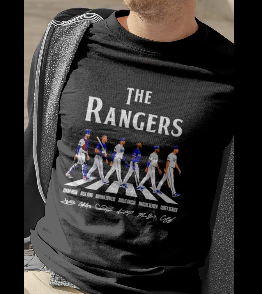 The Rangers Jonah Heim Josh Jung Nathan Eovaldi Adolis Garcia Marcus Semien Corey Seager Abbey Road Baseball Players T-Shirt