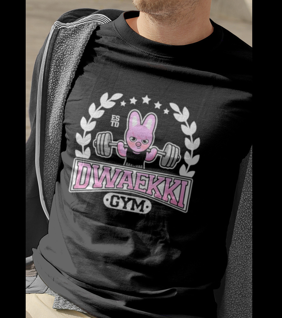 Dwaekki Gym Stray Hyunjin SKZOO K Pop Weightlifting Bunny Character Fitness Fan Gear T-Shirt