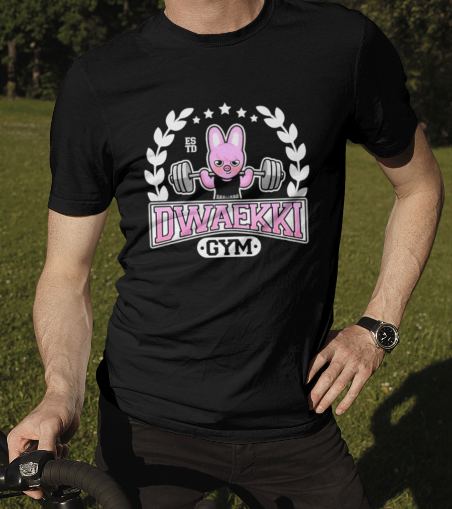 Dwaekki Gym Stray Hyunjin SKZOO K Pop Weightlifting Bunny Character Fitness Fan Gear T-Shirt