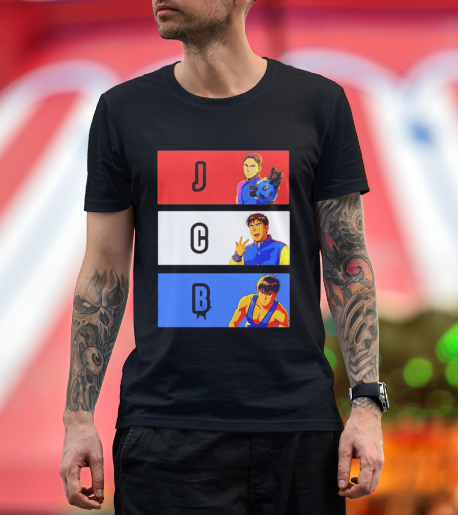 JCB Anime Characters Red White Blue Panels T-Shirt