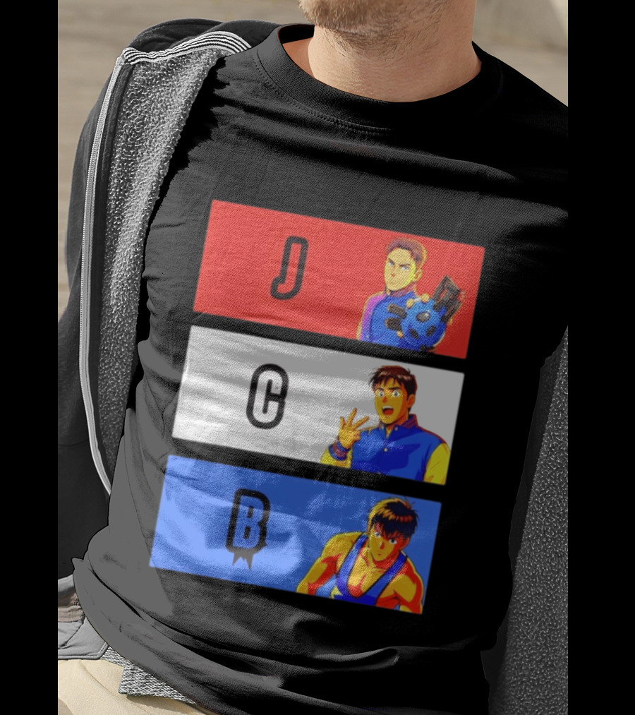 JCB Anime Characters Red White Blue Panels T-Shirt