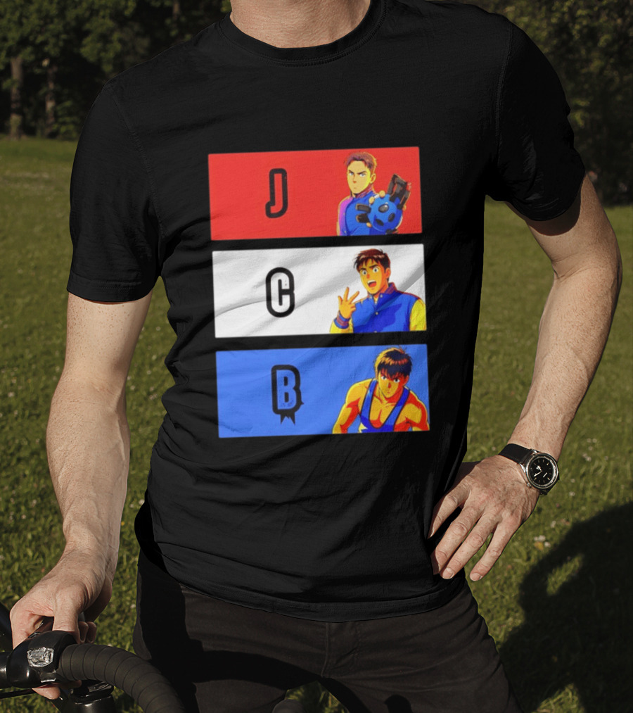 JCB Anime Characters Red White Blue Panels T-Shirt