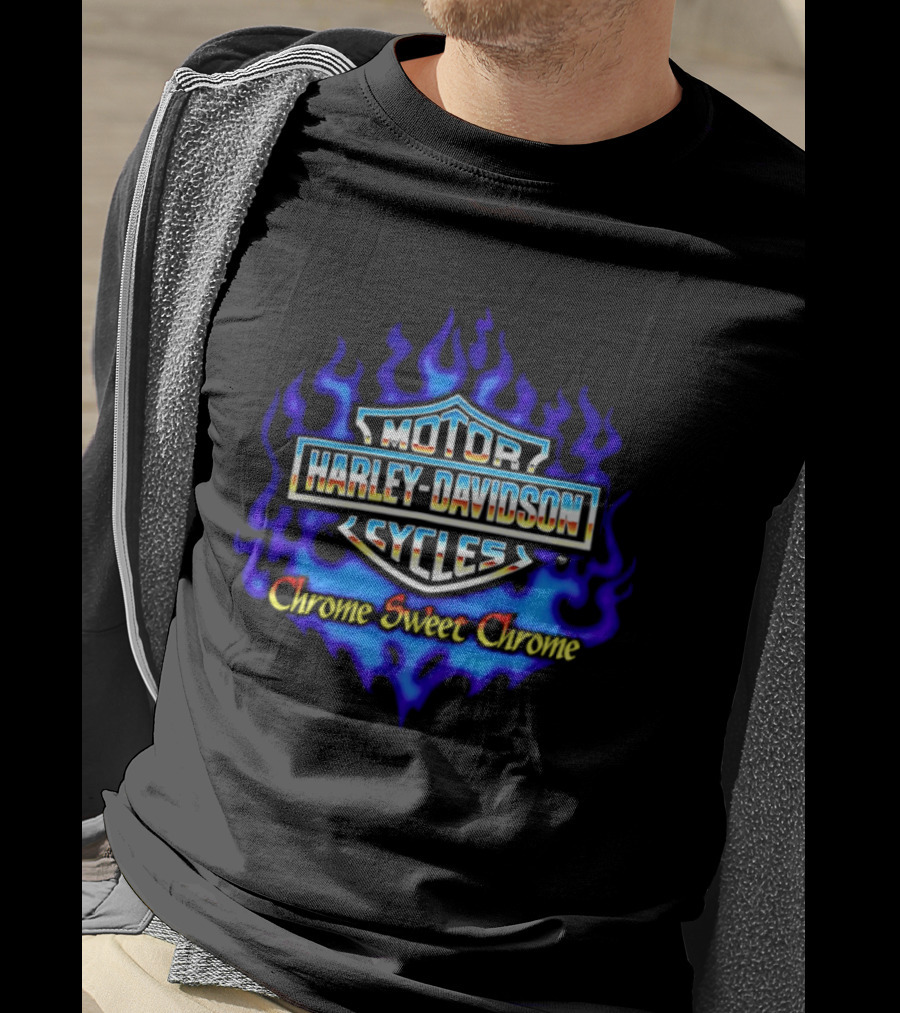 Harley Davidson Motor Cycles Chrome Sweet Chrome Blue Flames T-Shirt