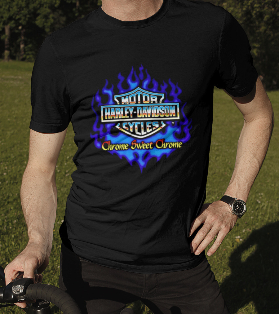 Harley Davidson Motor Cycles Chrome Sweet Chrome Blue Flames T-Shirt