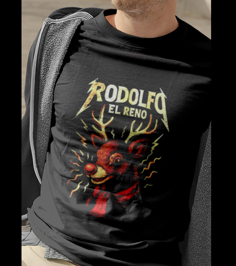 Rodolfo El Reno Heavy Metal Reindeer Christmas Lightning Antlers T-Shirt