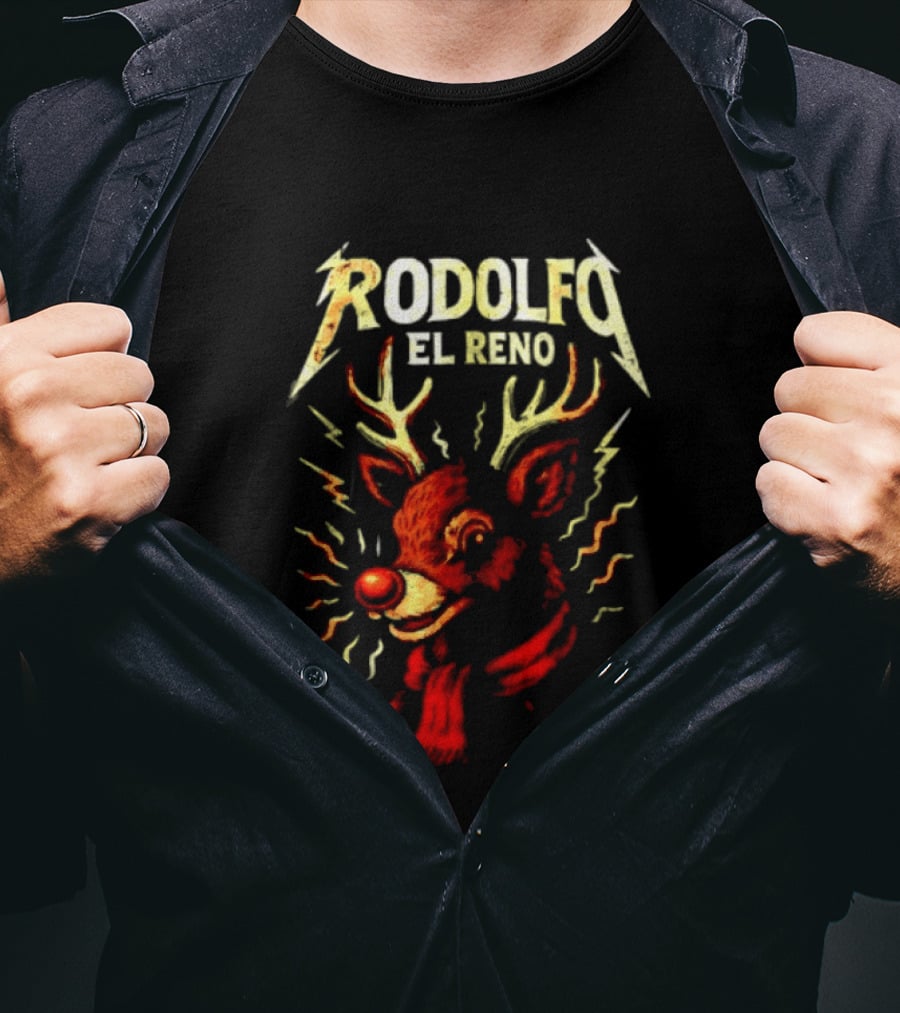 Rodolfo El Reno Heavy Metal Reindeer Christmas Lightning Antlers T-Shirt