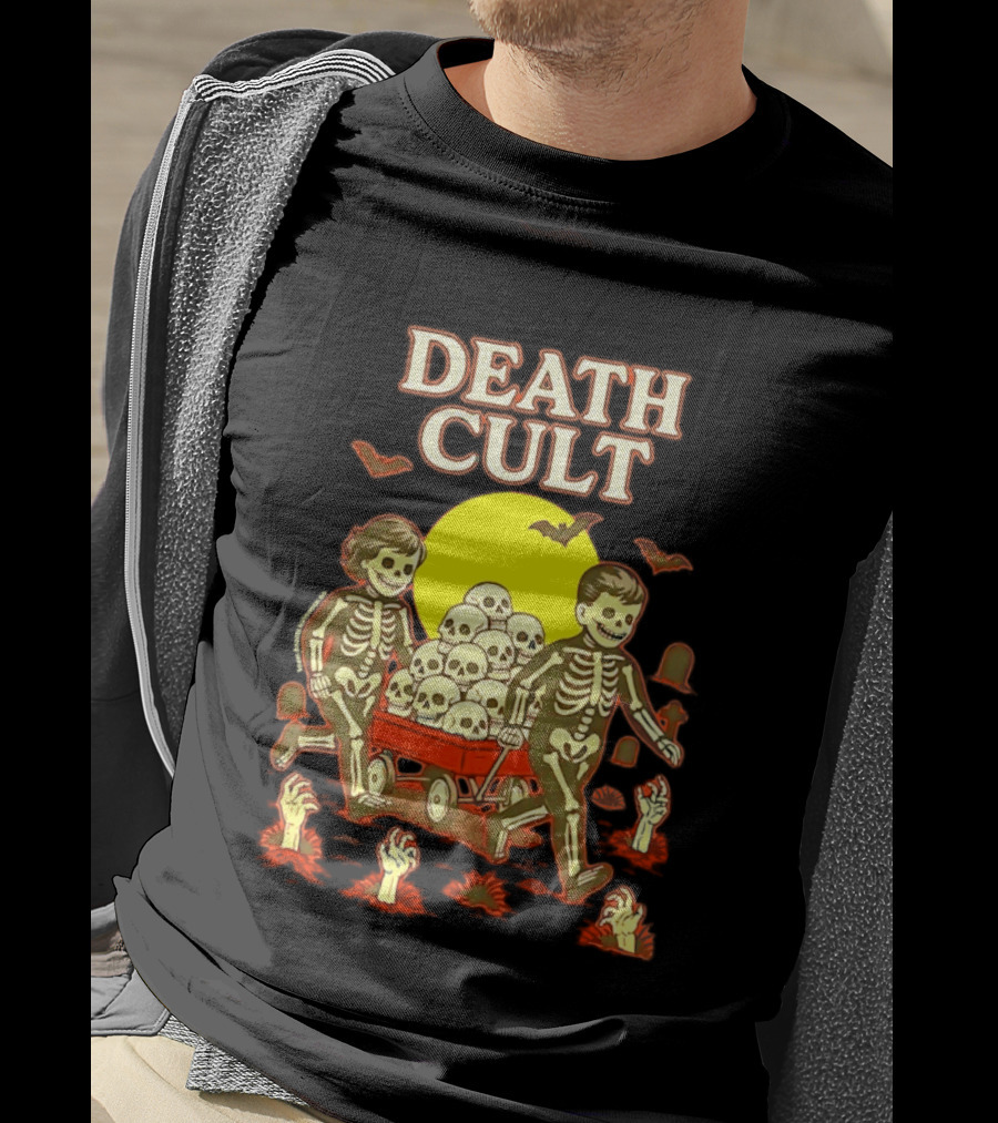 Death Cult Skeleton Kids Hauling Skull Filled Wagon With Rising Hands And Bats T-Shirt