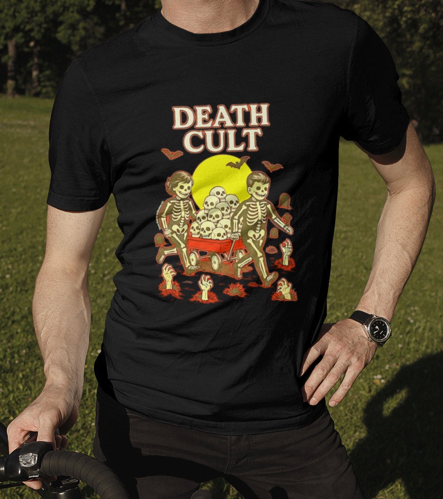 Death Cult Skeleton Kids Hauling Skull Filled Wagon With Rising Hands And Bats T-Shirt