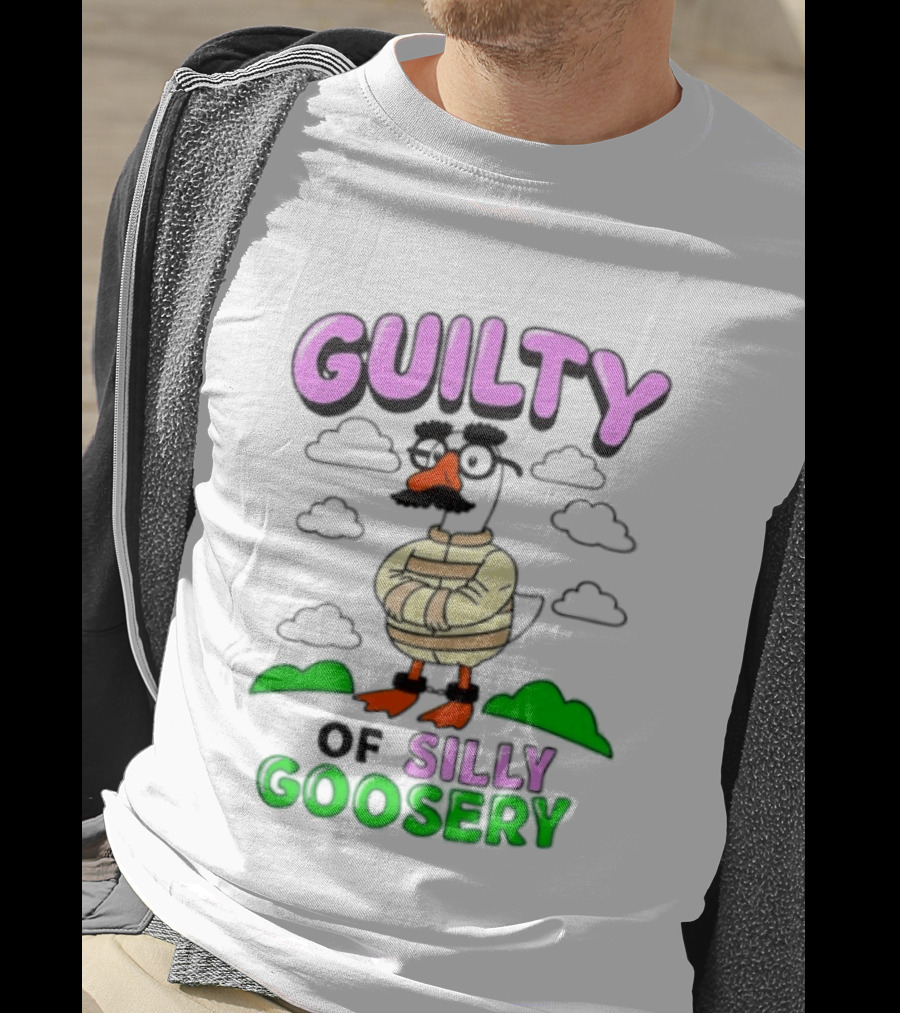 Guilty Of Silly Goosery Cartoon Goose In Striped Suit T-Shirt