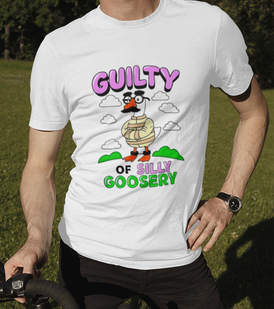 Guilty Of Silly Goosery Cartoon Goose In Striped Suit T-Shirt