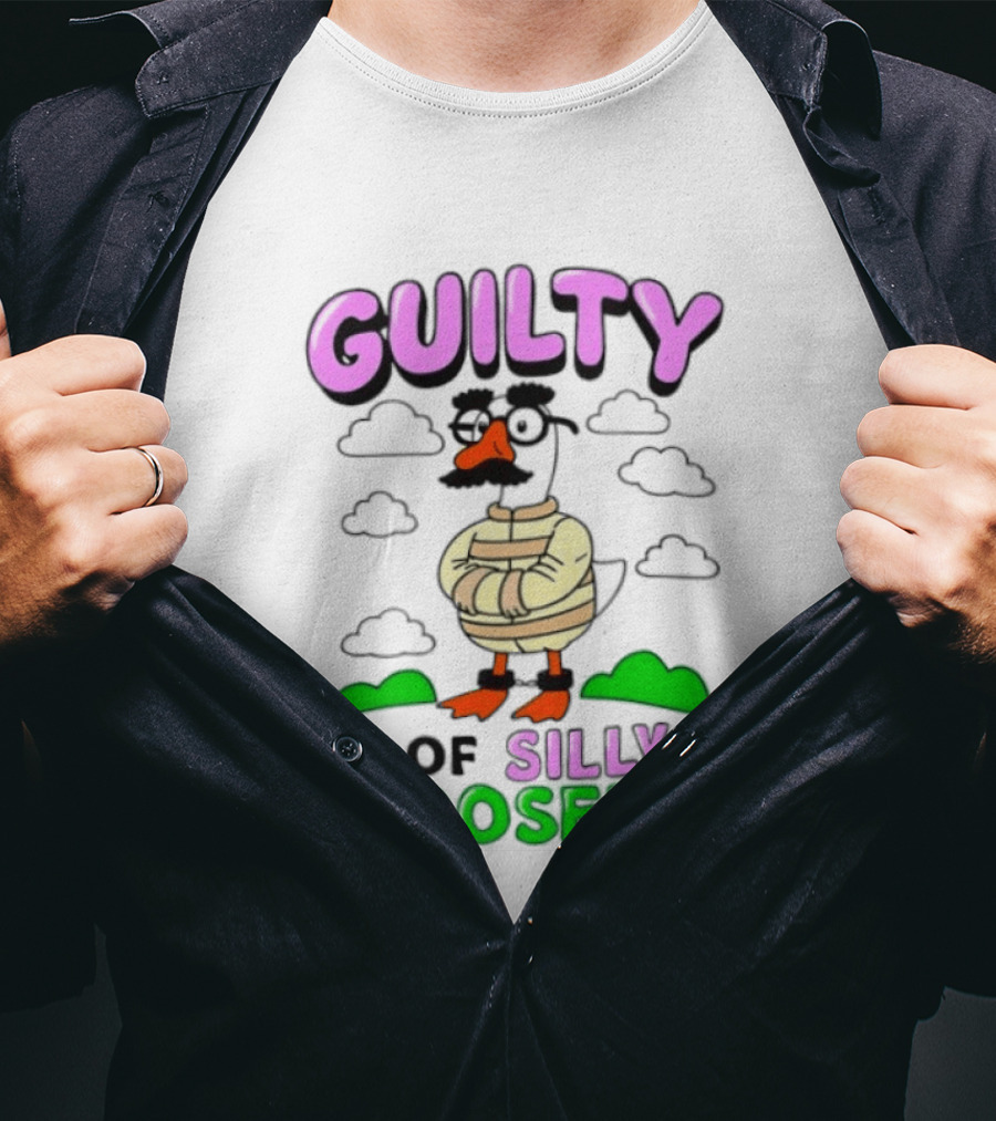 Guilty Of Silly Goosery Cartoon Goose In Striped Suit T-Shirt