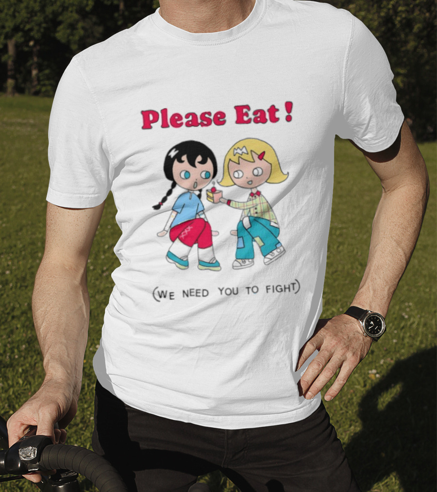 Please Eat We Need You To Fight Vintage Anime Style Cartoon Characters Sharing Food T-Shirt