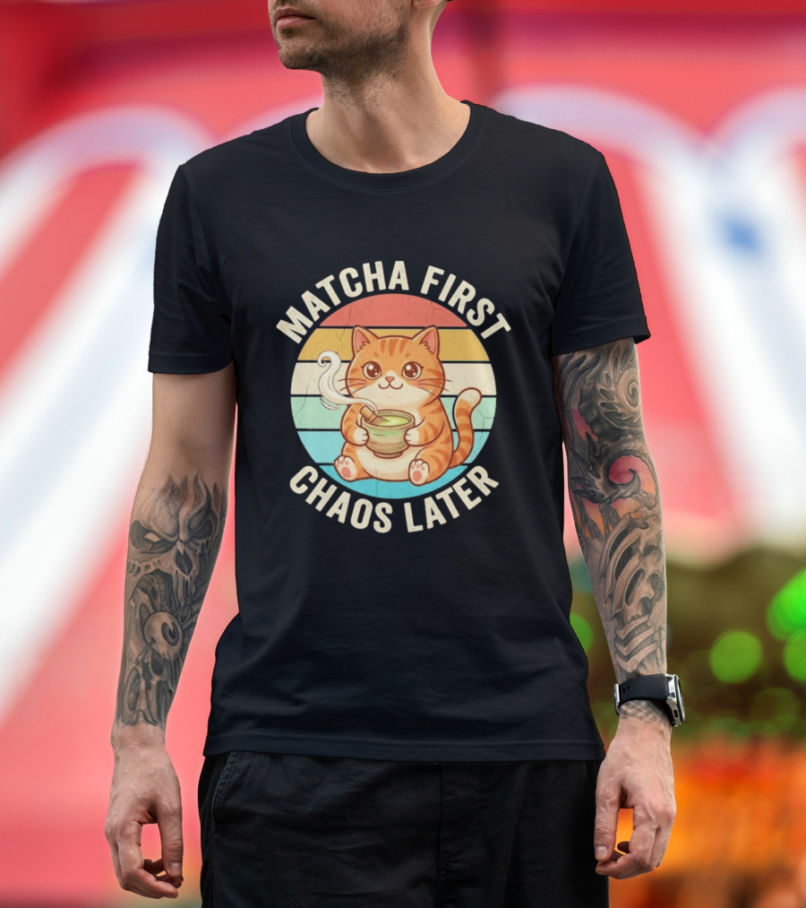 Matcha First Chaos Later Cat Retro Stripes Tea T-Shirt
