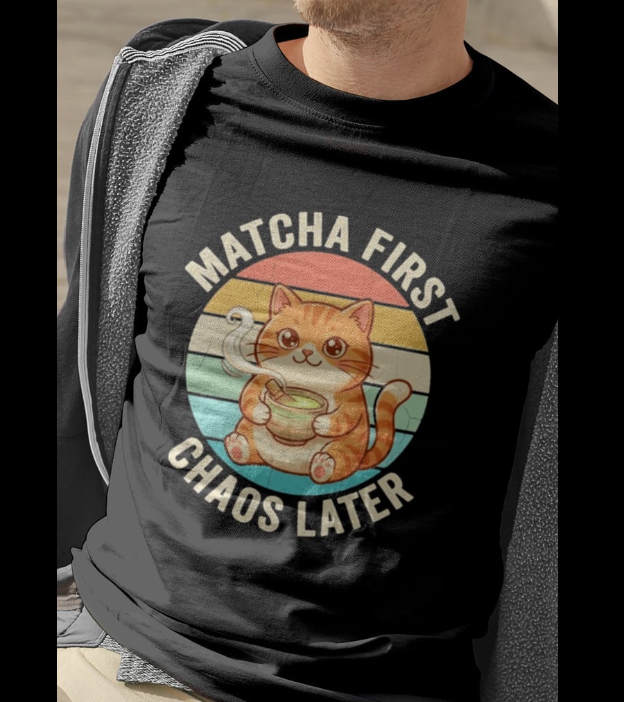 Matcha First Chaos Later Cat Retro Stripes Tea T-Shirt