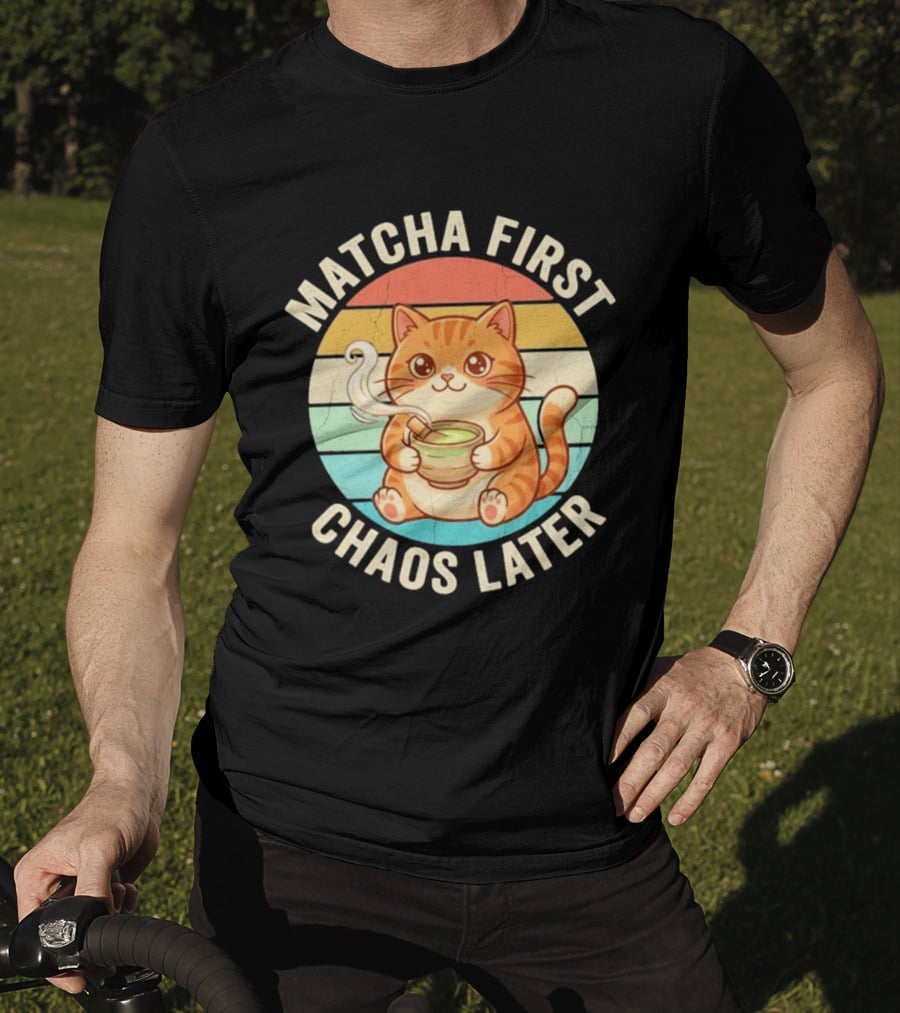 Matcha First Chaos Later Cat Retro Stripes Tea T-Shirt