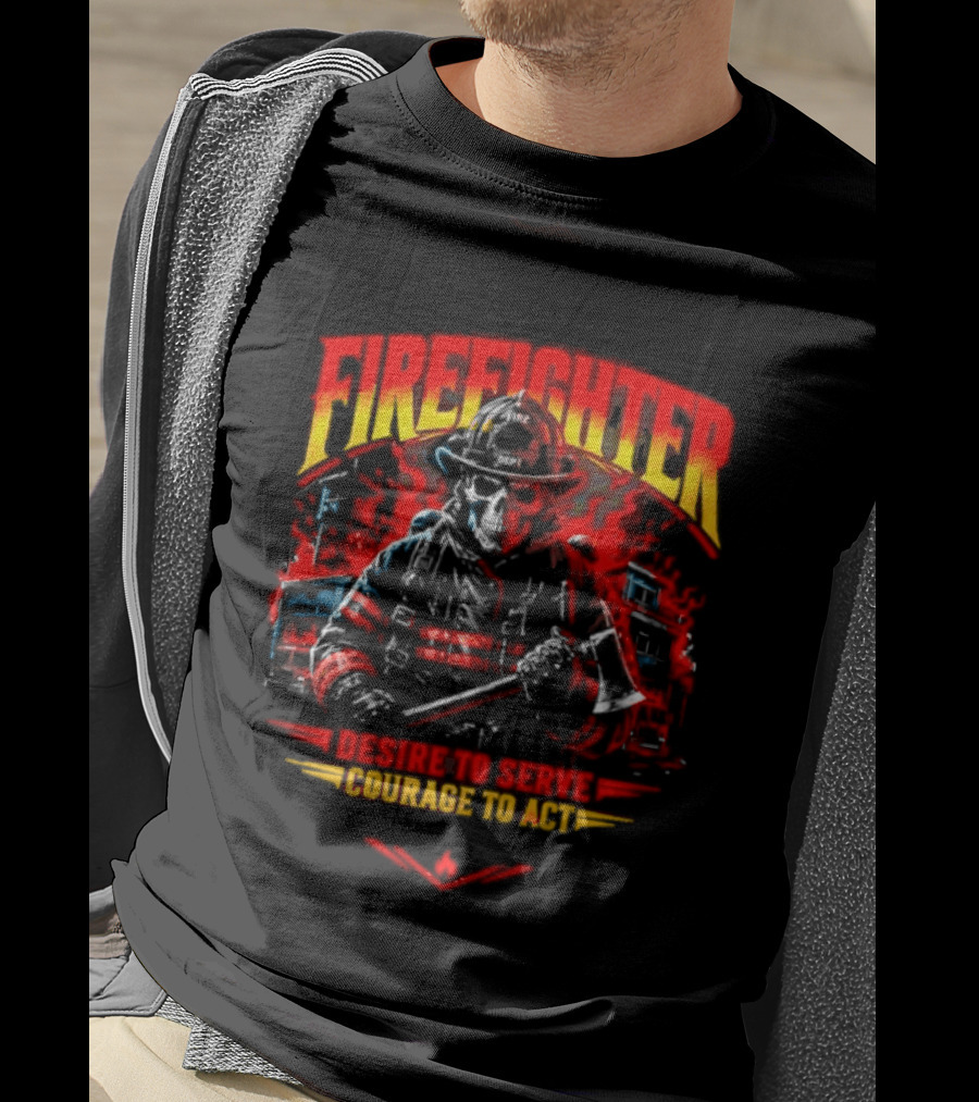 Firefighter Skull Desire To Serve Courage To Act Vintage Fireman Helmet And Axe T-Shirt