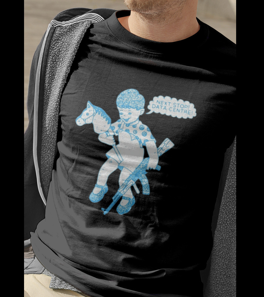 Next Stop Data Centre Kid With Hobby Horse And Toy Rifle Tech Humor T-Shirt