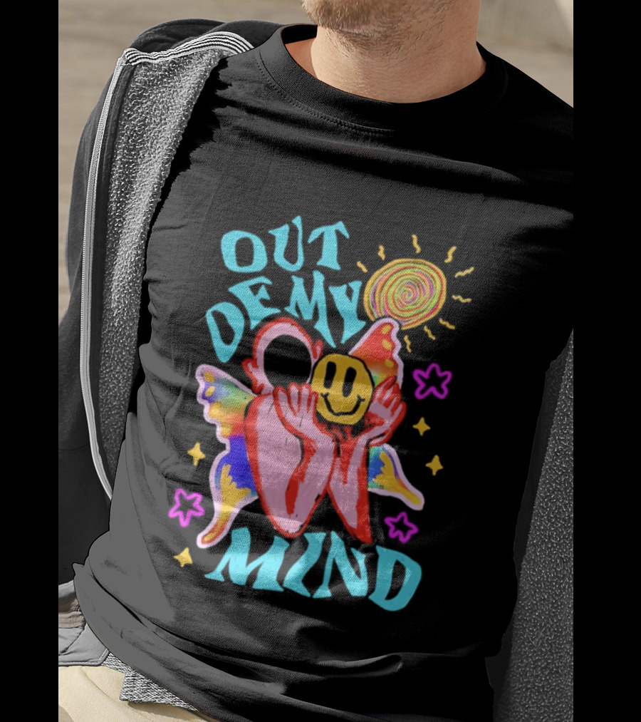 Out Of My Mind Smiley Face Butterfly Psychedelic Sunburst Fantasy Flowers T-Shirt