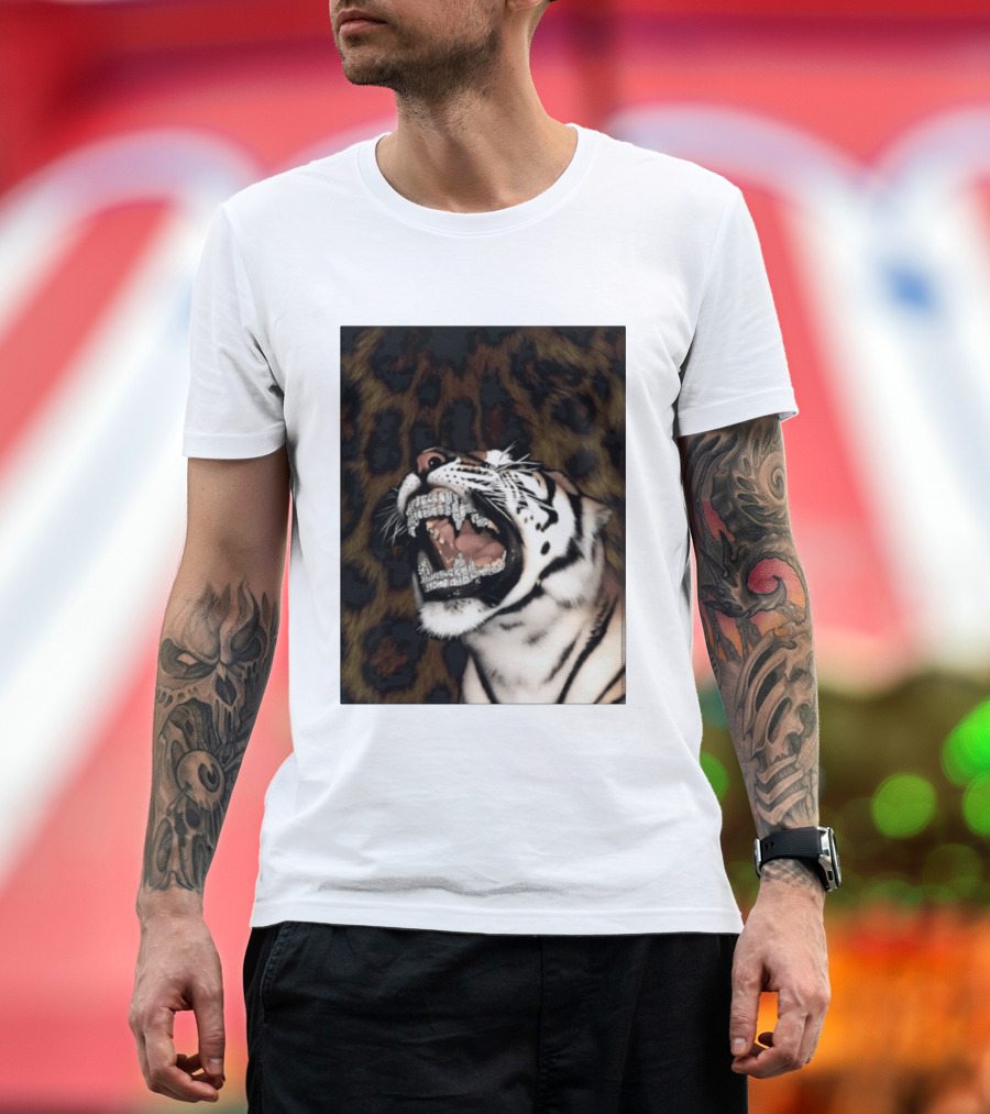 Tiger Diamond Grillz Iced Out Animal Roaring With Leopard Print T-Shirt