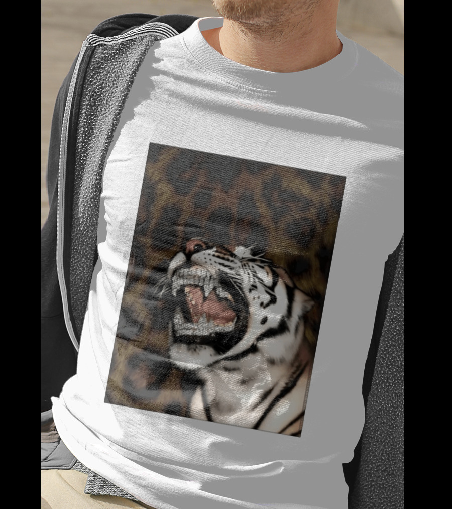 Tiger Diamond Grillz Iced Out Animal Roaring With Leopard Print T-Shirt