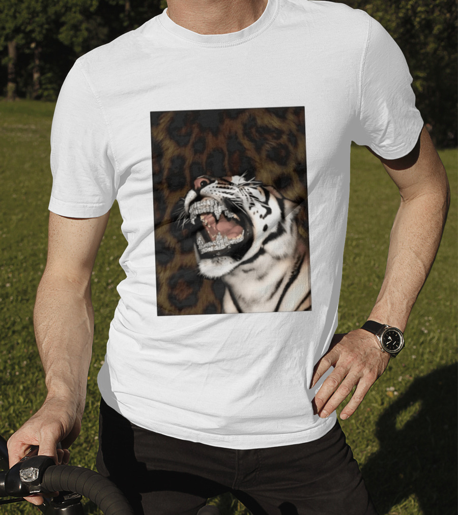 Tiger Diamond Grillz Iced Out Animal Roaring With Leopard Print T-Shirt