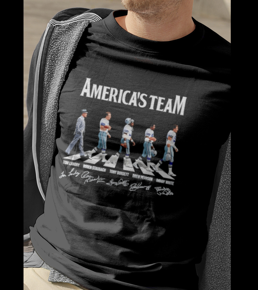 America's Team Tom Landry Roger Staubach Tony Dorsett Drew Pearson Randy White Dallas Cowboys Signatures Abbey Road T-Shirt