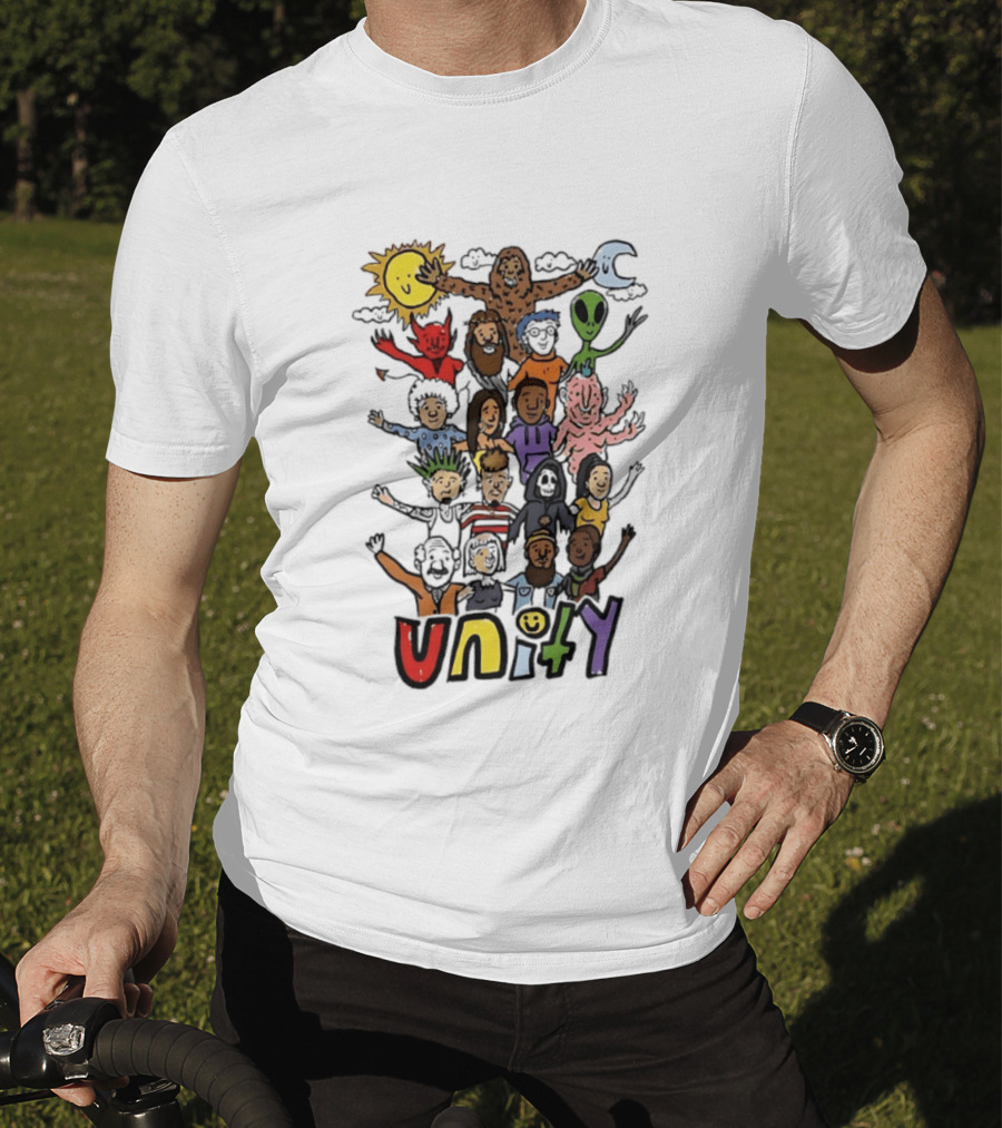 Unity Cartoon Characters Doodle Diverse Characters Aliens Bigfoot Devil Sun Moon T-Shirt