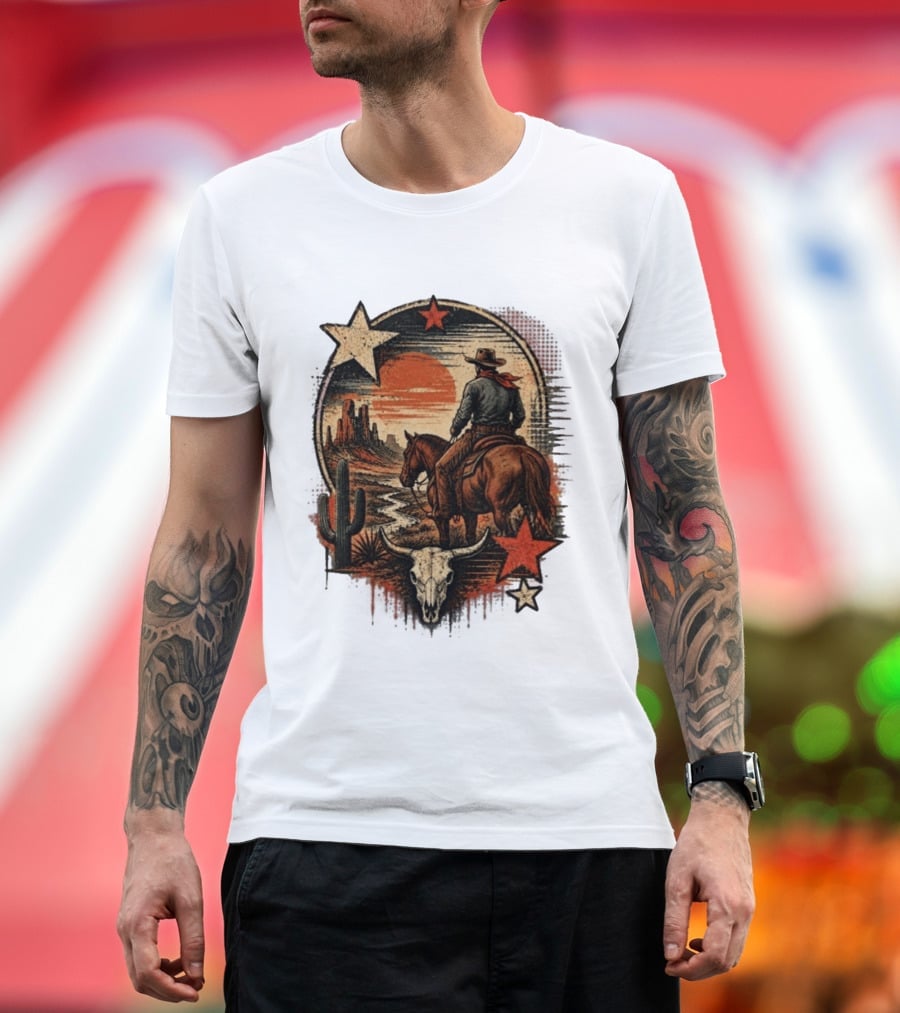 Cowboy On Horseback Under Desert Sunset With Cactus And Skull T-Shirt