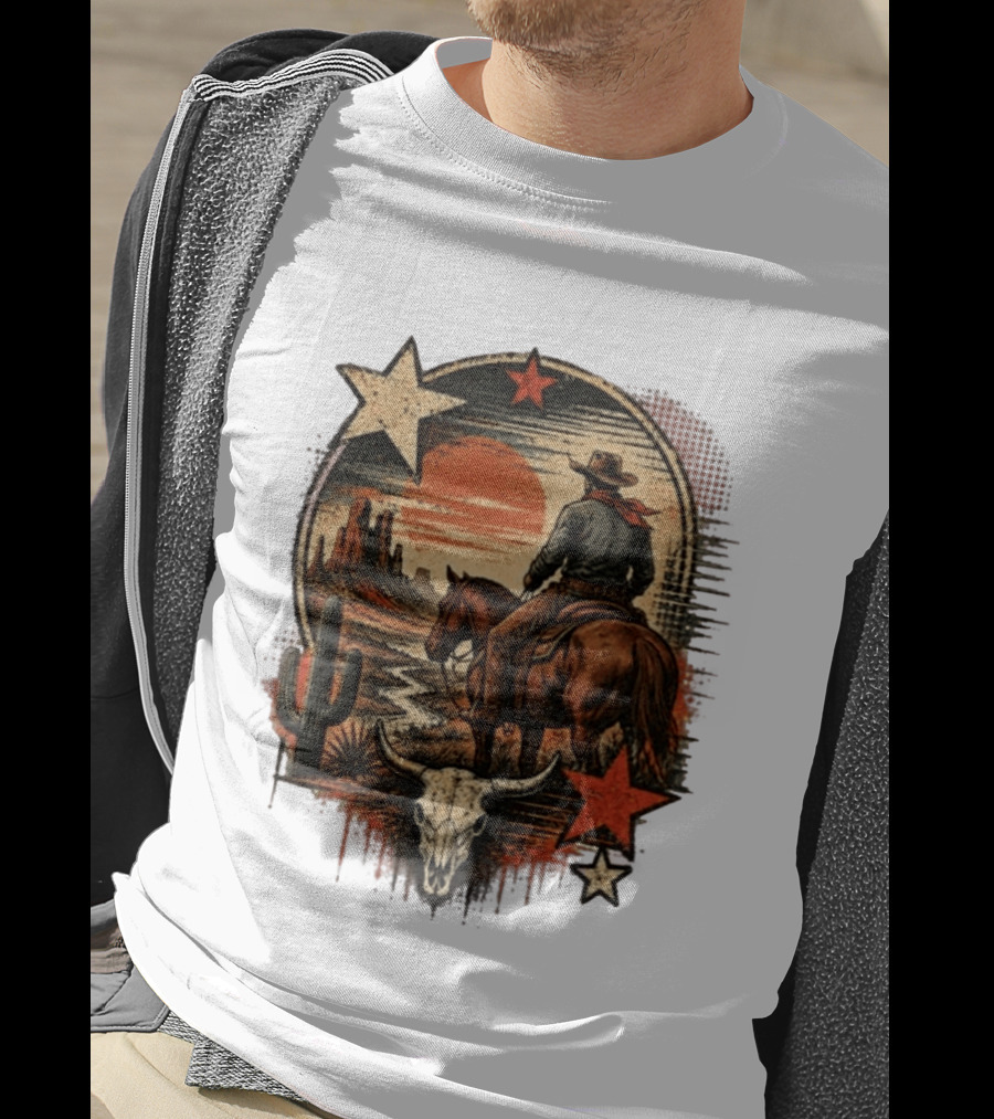 Cowboy On Horseback Under Desert Sunset With Cactus And Skull T-Shirt