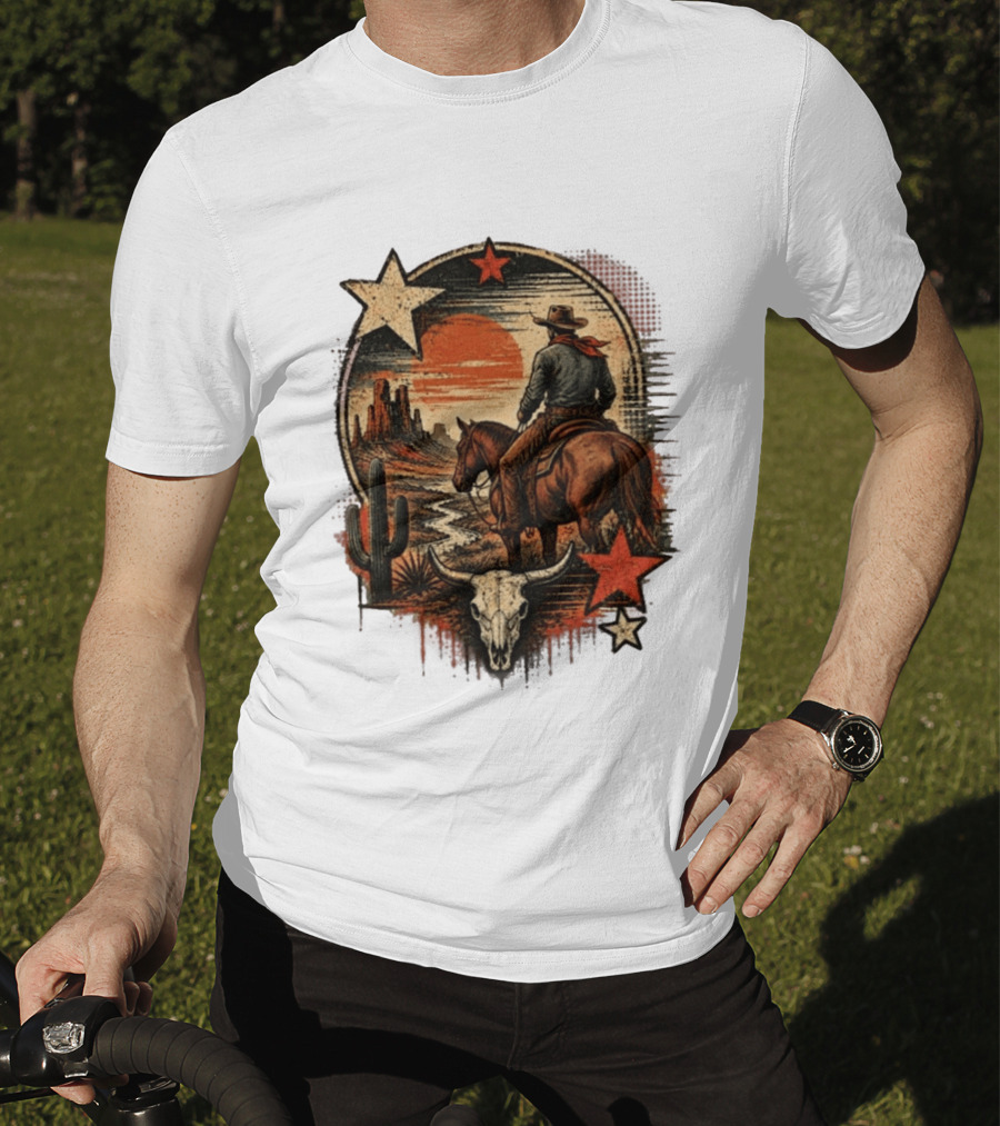 Cowboy On Horseback Under Desert Sunset With Cactus And Skull T-Shirt