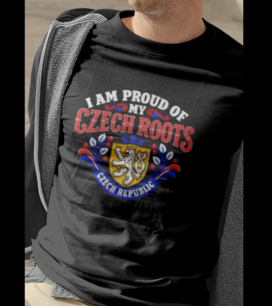 I Am Proud Of My Czech Roots Czech Republic Crest With Lion And Floral Motif T-Shirt