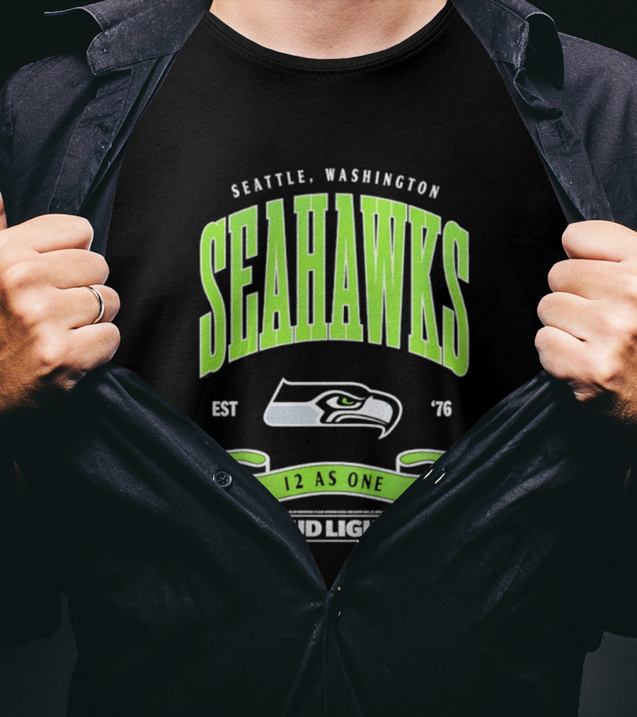 Seattle Washington Seahawks EST 76 Bud Light 12 As One T-Shirt