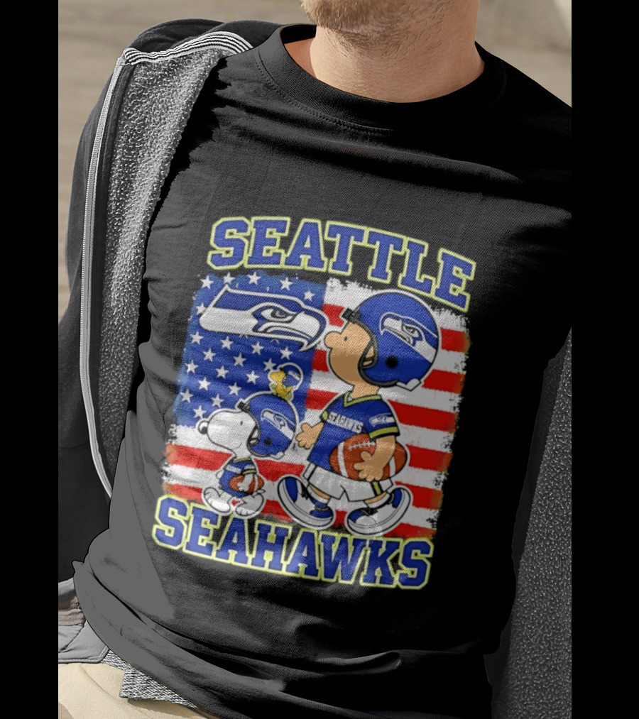 Snoopy Charlie Brown Seattle Seahawks American Flag Football T-Shirt