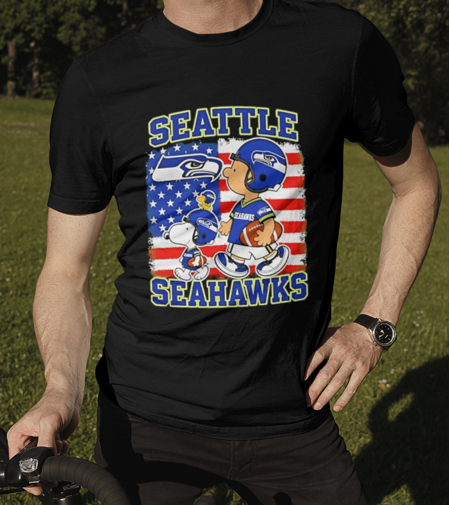 Snoopy Charlie Brown Seattle Seahawks American Flag Football T-Shirt