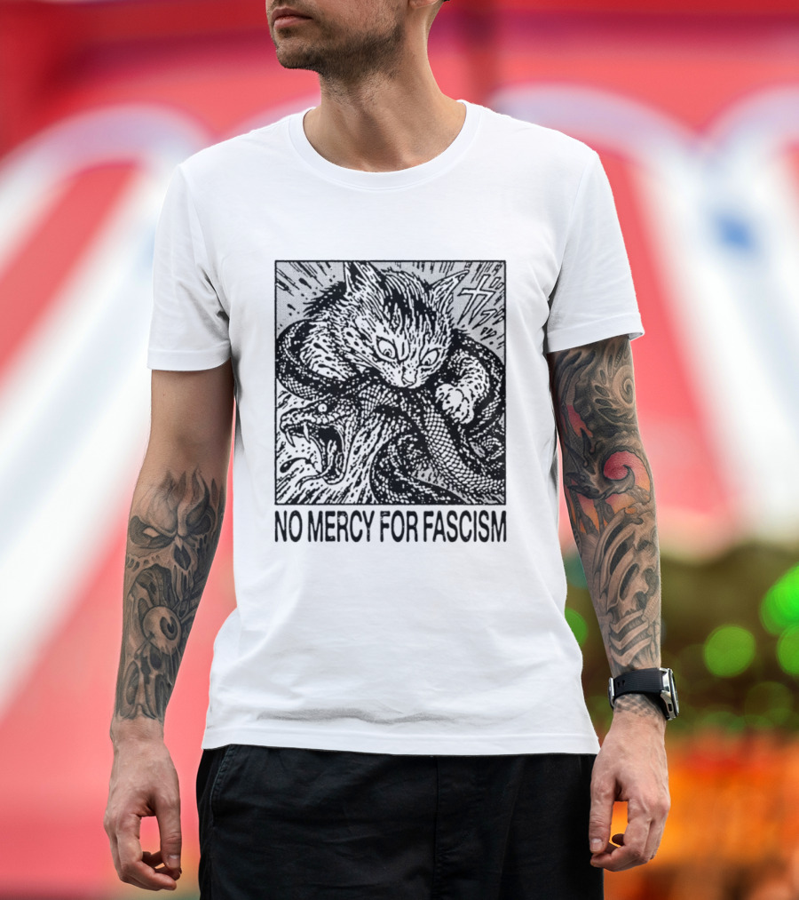 No Mercy For Fascism Cat Fighting Snake T-Shirt