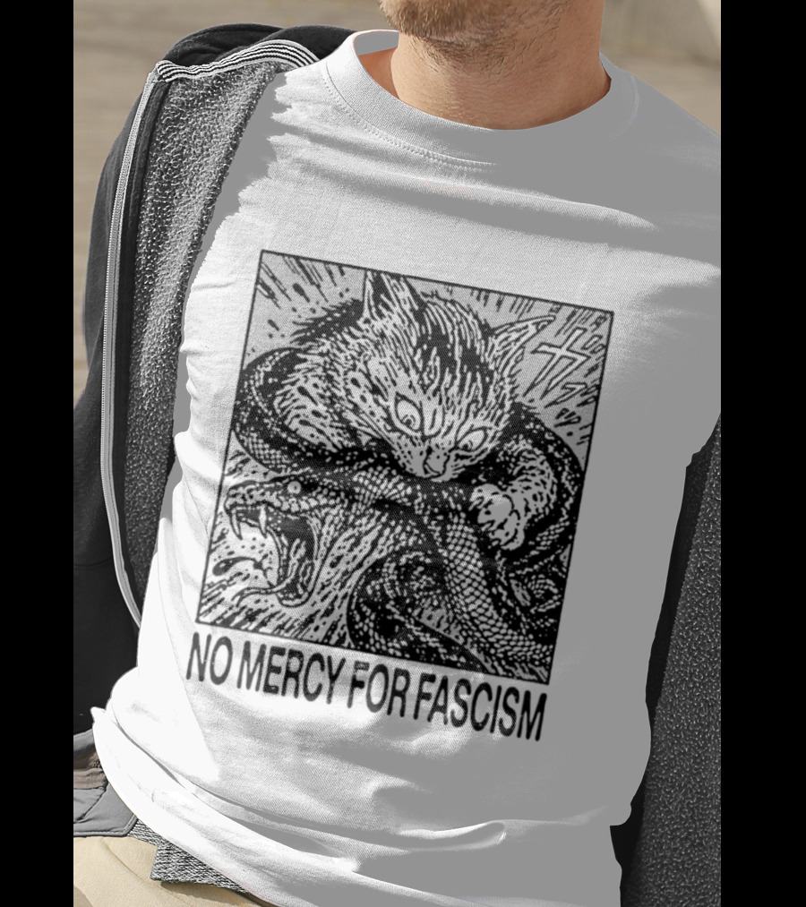 No Mercy For Fascism Cat Fighting Snake T-Shirt
