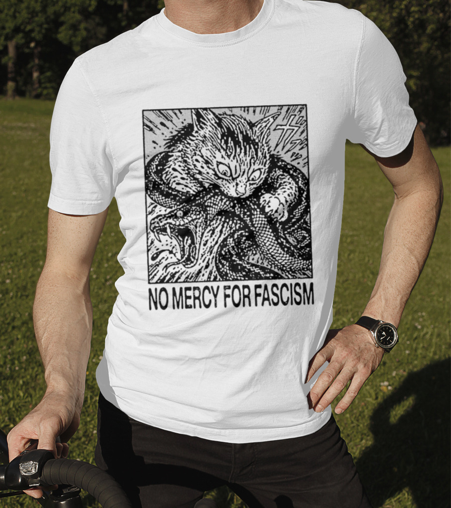 No Mercy For Fascism Cat Fighting Snake T-Shirt