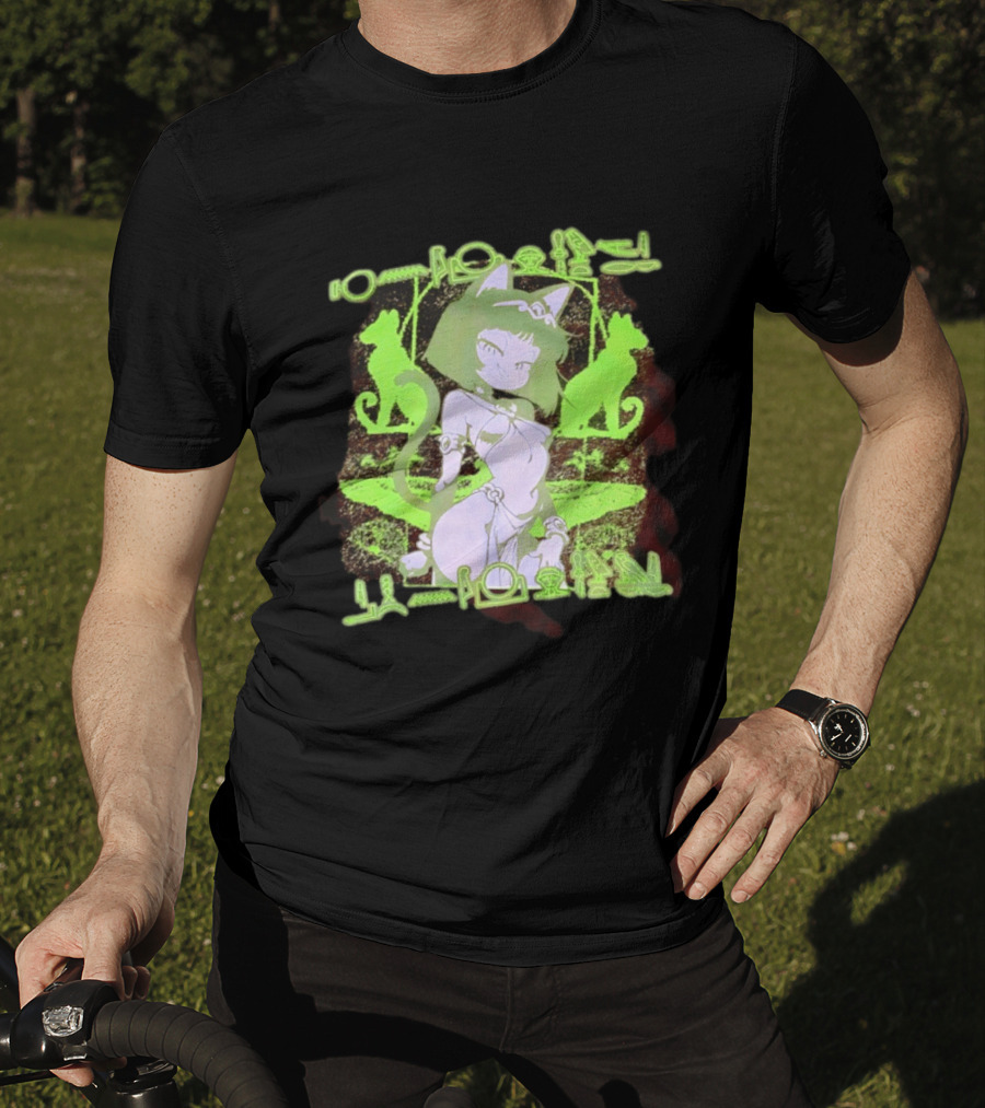 Anime Cat Girl Egyptian Hieroglyphics Neon Green Aesthetic T-Shirt