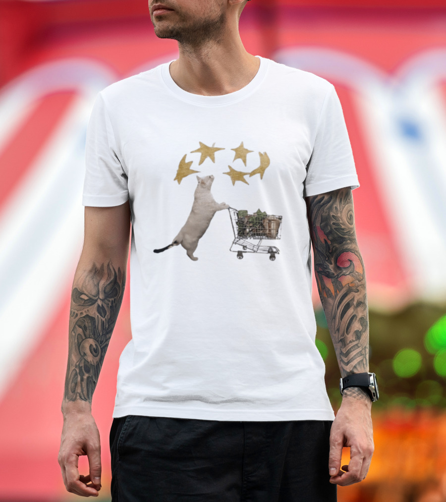 Cat Pushes Shopping Cart With Golden Stars Above T-Shirt