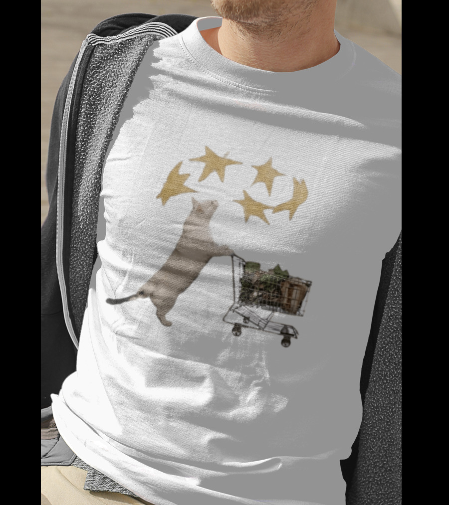 Cat Pushes Shopping Cart With Golden Stars Above T-Shirt