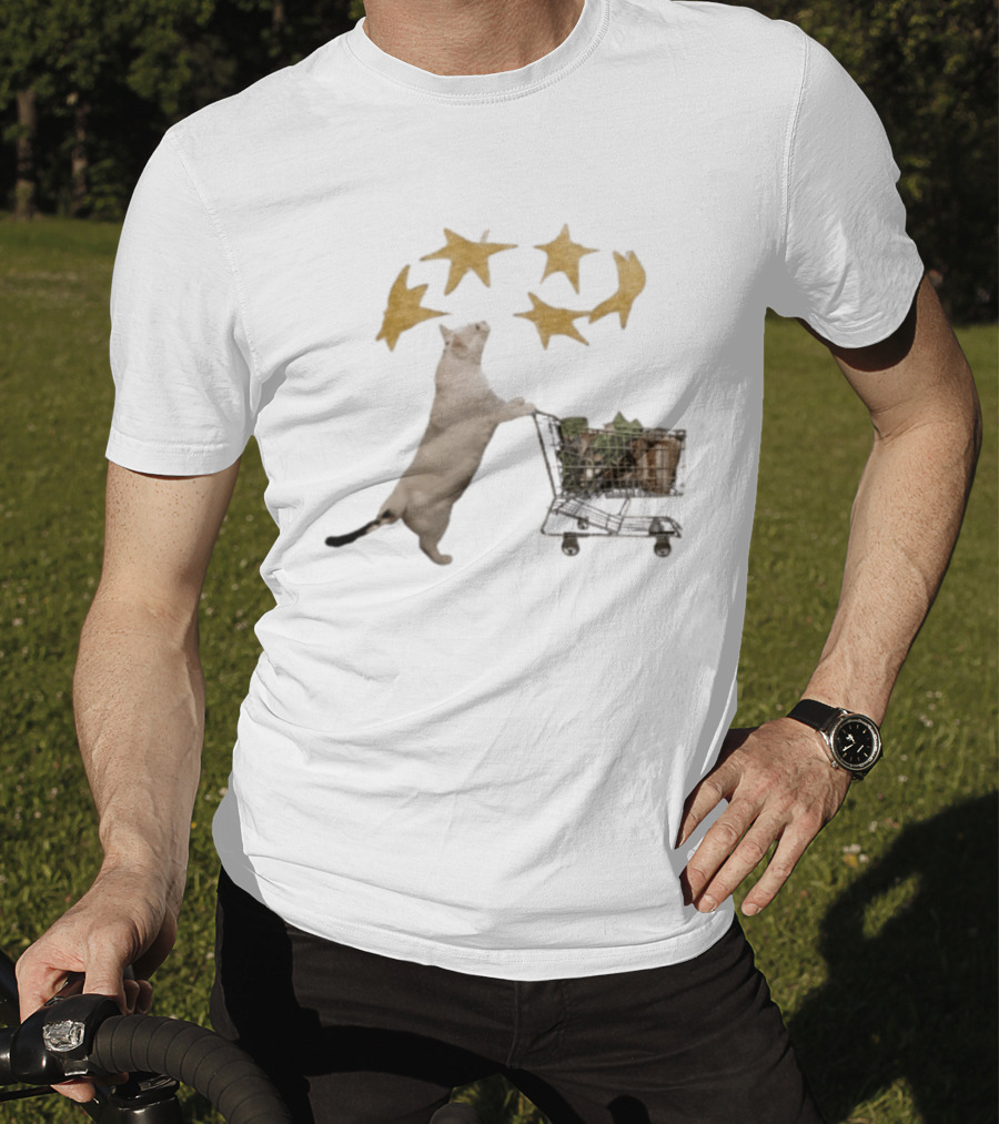 Cat Pushes Shopping Cart With Golden Stars Above T-Shirt