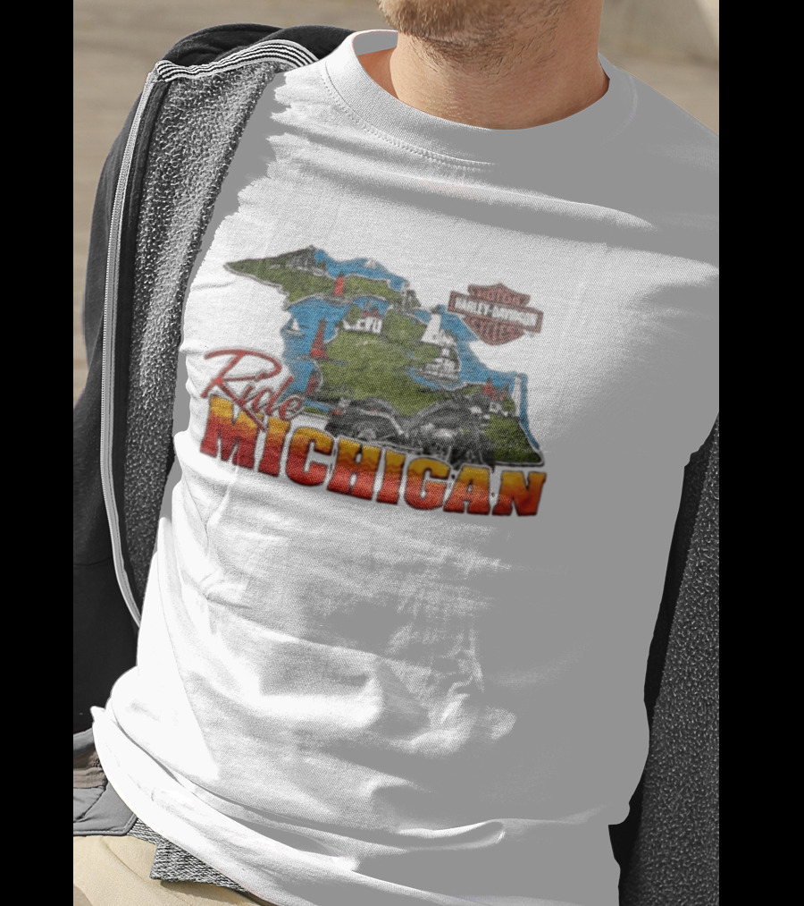Ride Michigan Harley Davidson Motor Cycles Island Map And Lighthouse T-Shirt