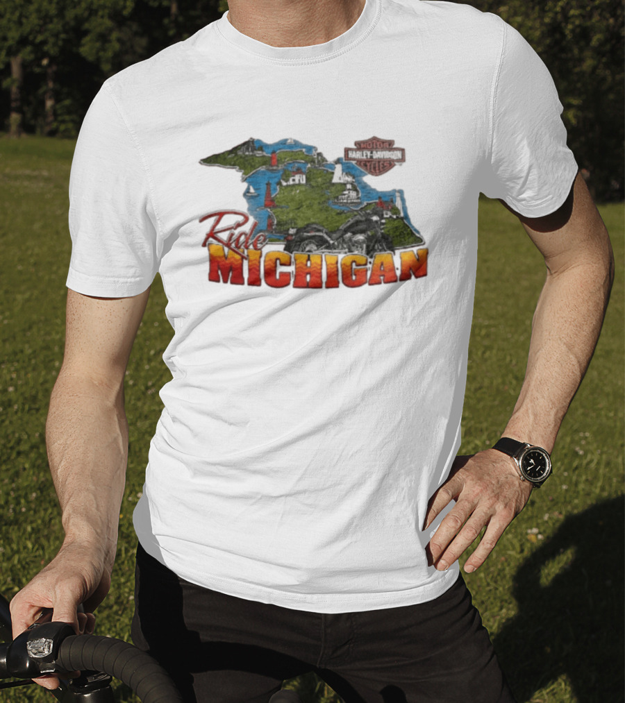 Ride Michigan Harley Davidson Motor Cycles Island Map And Lighthouse T-Shirt