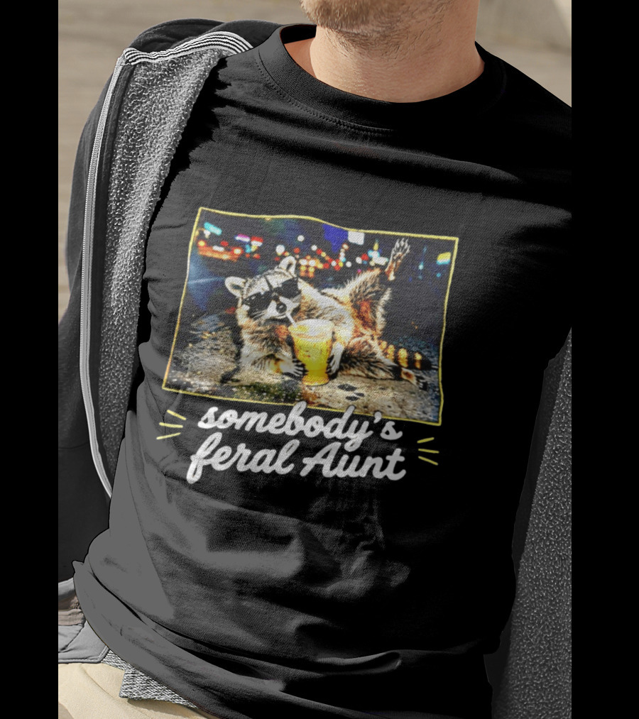 Somebody's Feral Aunt Raccoon Iced Coffee Street Scene T-Shirt