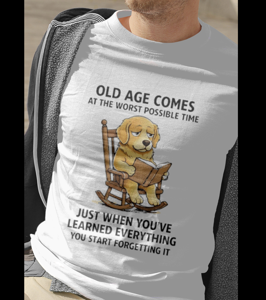 Golden Retriever Reading In Rocking Chair Old Age Humor T-Shirt