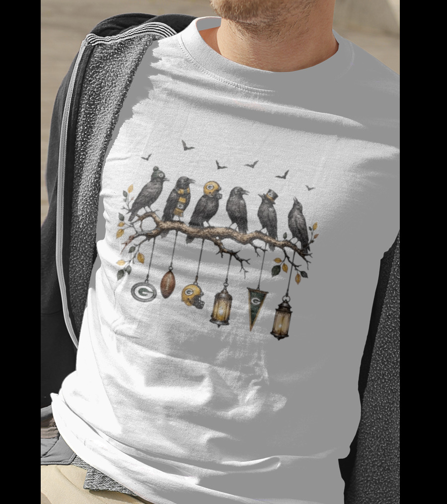 Green Bay Packers Fall Football Ravens On Branch With Leaves And Helmets T-Shirt