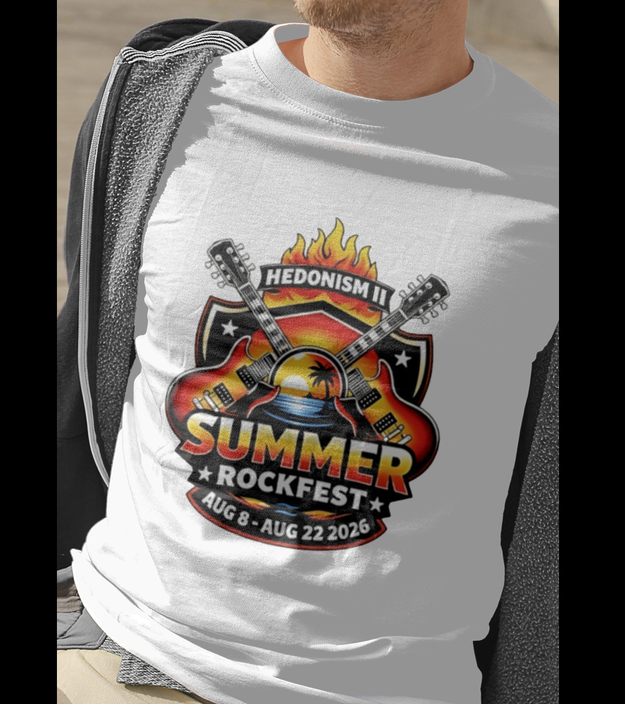 Hedonism II Summer Rockfest August 8 22 2026 Guitars Sunset Palms Fire T-Shirt