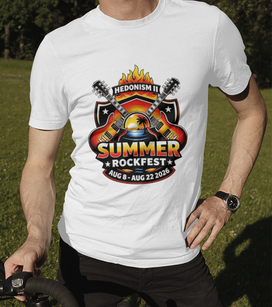 Hedonism II Summer Rockfest August 8 22 2026 Guitars Sunset Palms Fire T-Shirt